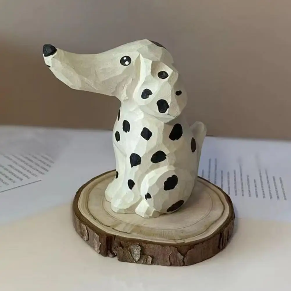 Handmade Wooden Dalmatian Dog Ornament Hand Carved Basswood Animal Figurine Creative Dog Sculpture for Home Office Window