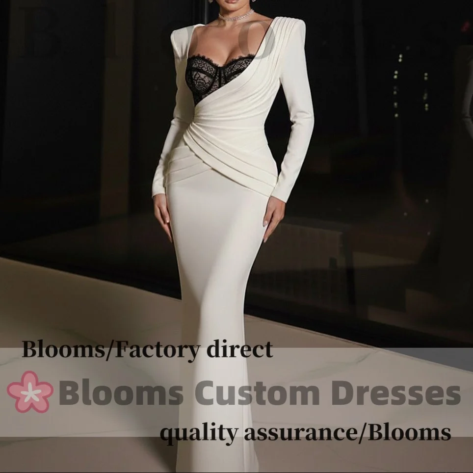 

Customized Black Lace Ivory Elegant Women's Evening Dresses Long Sleeves Open Back Pleats Formal Sweetheart Neck Party Dresses
