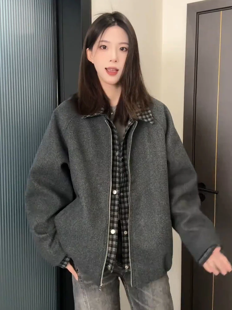 

Deep ey American Sle Men's Thiened Winter Cotton Jaet Plaid Woolen Coat Stand Fit Home Wear Long Sve Zipper Clo...