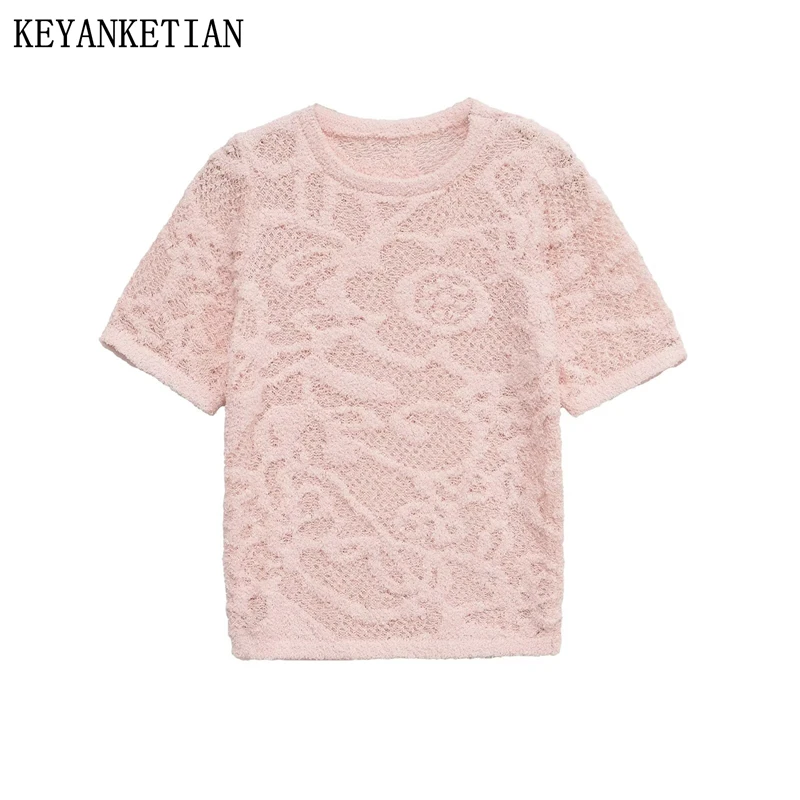

KEYANKETIAN 2025 Summer New Women's Jacquard Decorated Knitted Top Sweet style O-Neck Short Sleeve Slim Thin Pullover Sweater