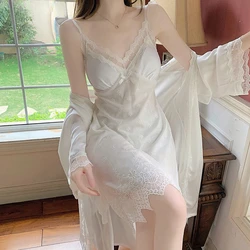 2 pieces Sexy Nightgowns for Women White Lace Night Dress Women Robe Gown Set Ice Silk Sleepwear DropShipping dresses