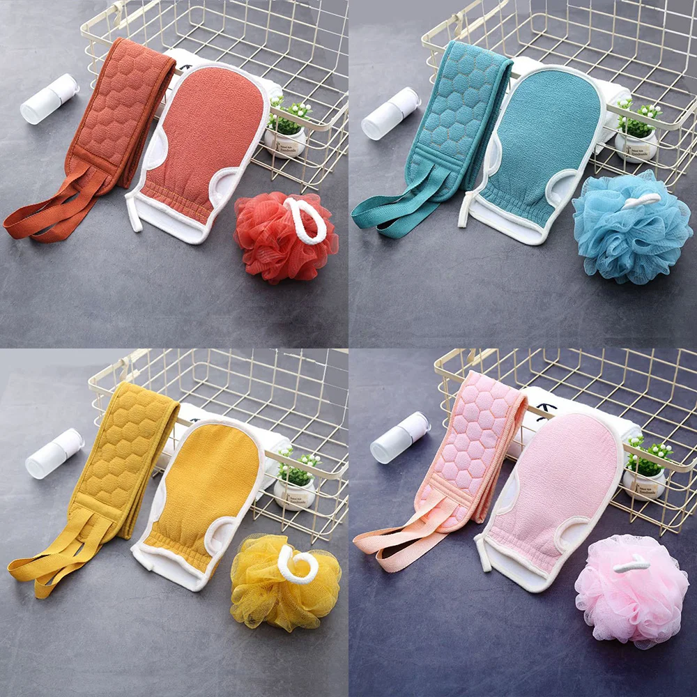 Three-Piece Bath Flower Pull Back Strip Scrubbing Glove Set Strong Mud Bath Gloves Ball Belt Body Cleaner Exfoliating Scrubbers