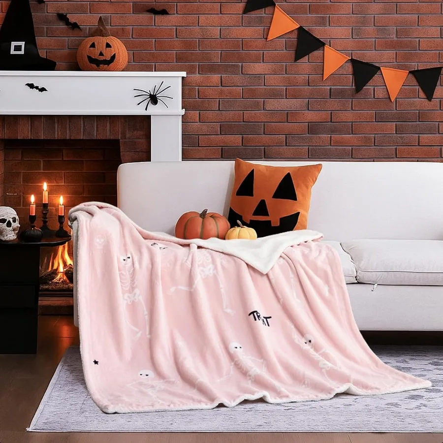 Manta de Halloween 50x60, Sherpa acogedora de doble cara y manta polar, patrón de esqueleto de baile, manta peluda suave y cálida para C