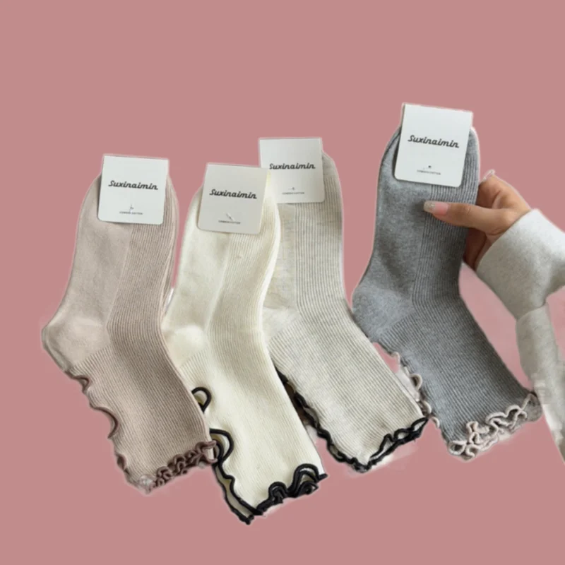 

3/6 Pairs Women's Solid Color Middle Tube Socks Wood Ear Socks Lace Versatile Breathable Casual Cotton Socks Retro Pile Socks