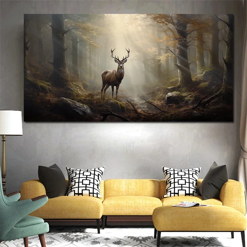 الغزلان خمر في الغابات الضبابية الغامضة الحيوانات البرية طبيعة المشهد المشارك حائط لوح رسم الفن صور ديكور غرفة نوم المنزل #5