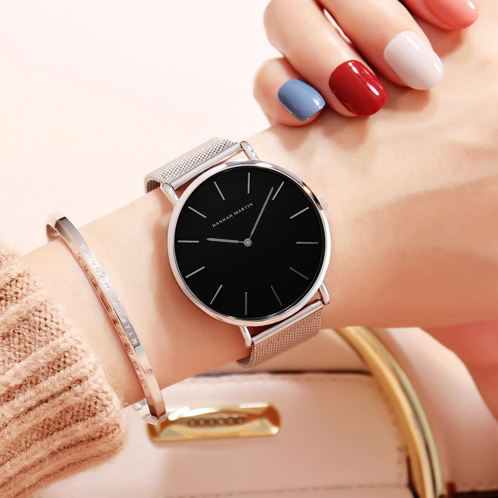 Relojes sencillos para mujer, negro, plata, oro rosa, banda de acero inoxidable, movimiento de cuarzo japonés, reloj informal resistente al agua para mujer