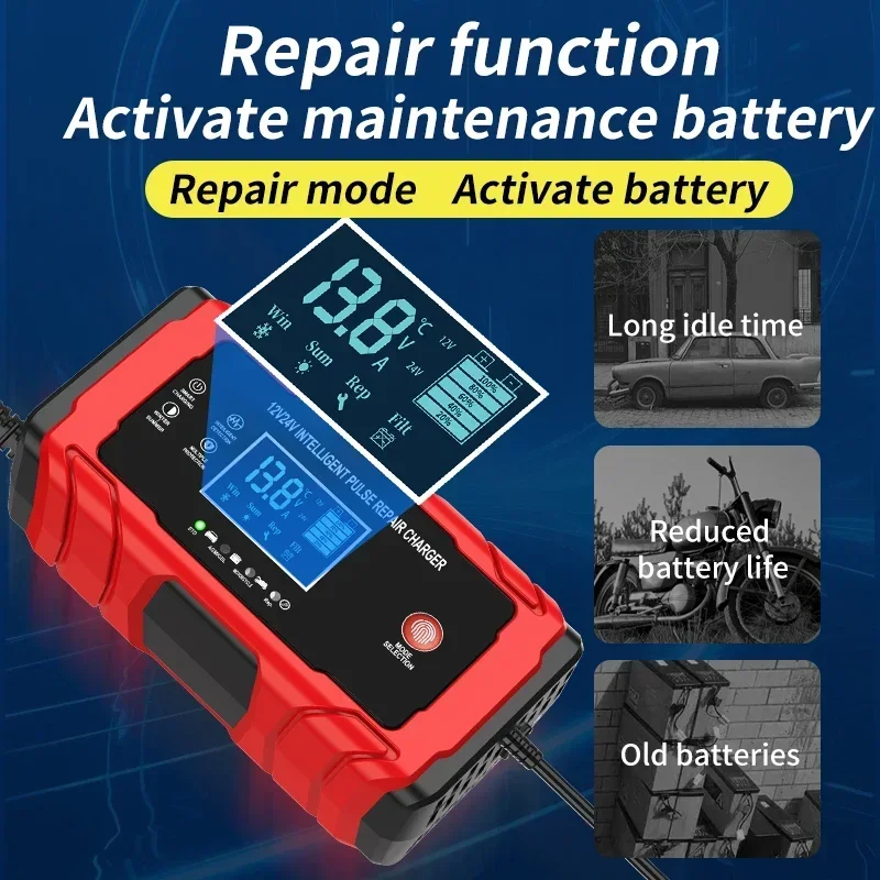 Powerful 12V 10A/24V 5A Car Battery Charger 7-Stage Smart Fast Charging Pulse Repair for AGM GEL WET Lead Acid LCD Display
