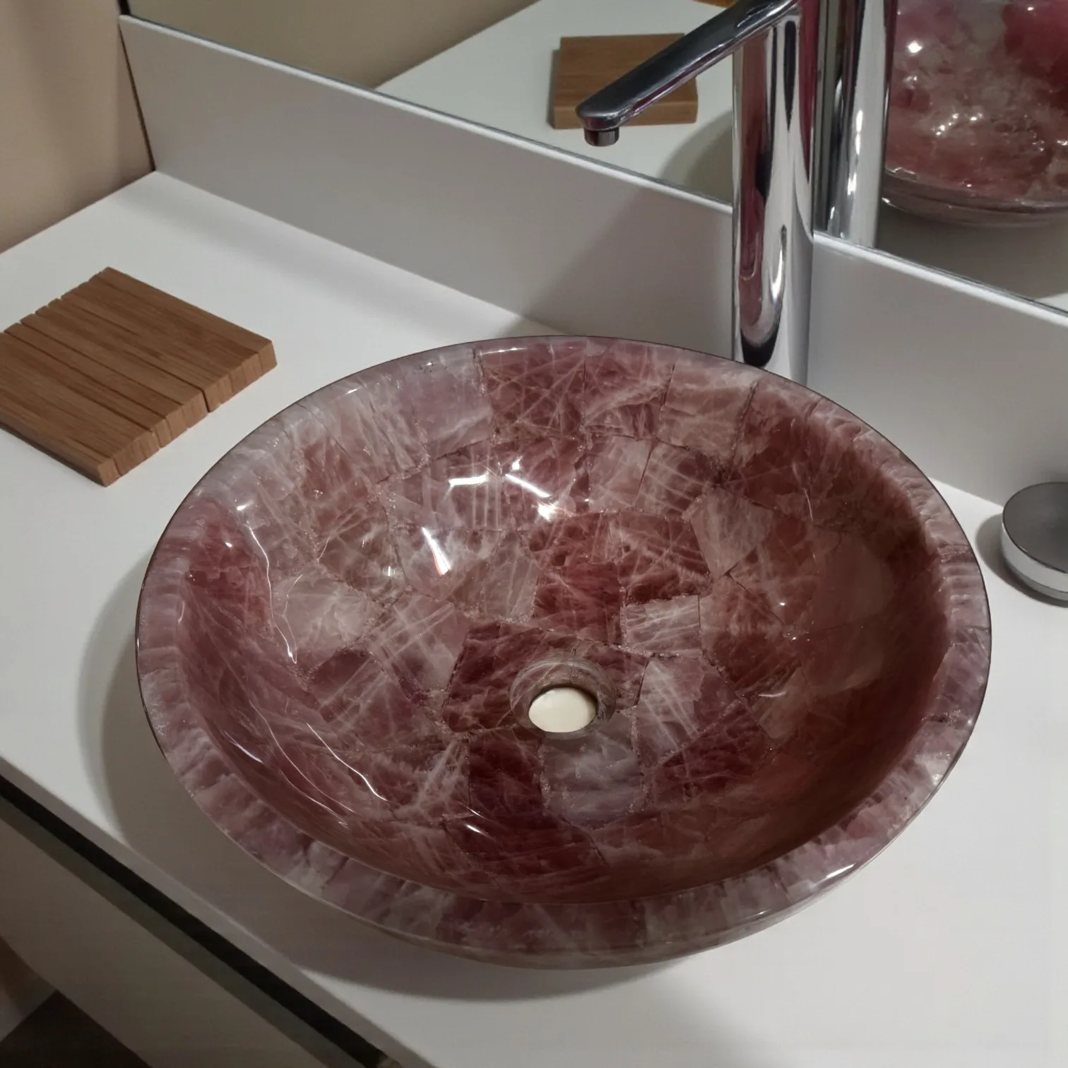 Custom Solid Surface Natural Pink Marble Crystal Rose Quartz Stone Vanity Countertop And Sink For Luxury Bathroom
