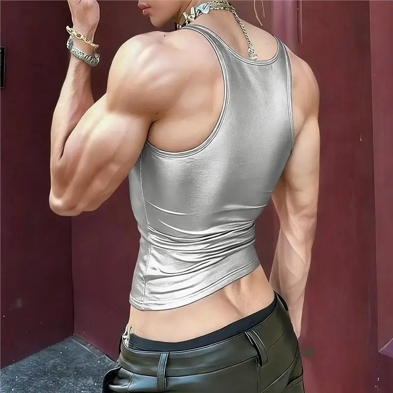Men's Shiny Elastic Slim Tank Tops American Men's Sexy Fashionable Fitness Dance Performance Spaghetti Strap Sleeveless Vest