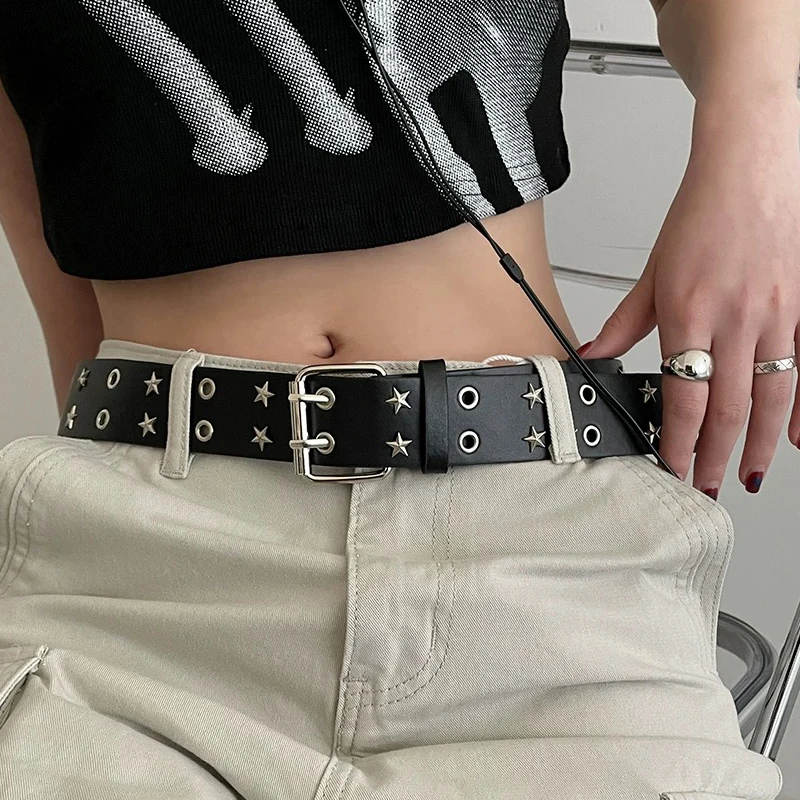 Women's Belt Trend Simple Double Hole Men Belt Punk Hip Hop Rock Style Subculture Y2K Belt Punch Free Belts for Men and Women