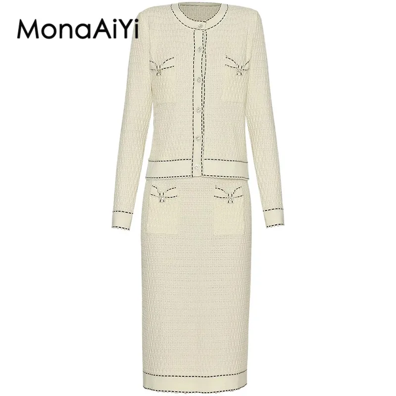 MonaAiyi Fashion Women's Tweed Single-Breasted Long-Sleeved Cardigan Pocket Top+Slim-Fit Pencil Hip Wrap Half Skirt 2-Piece Set