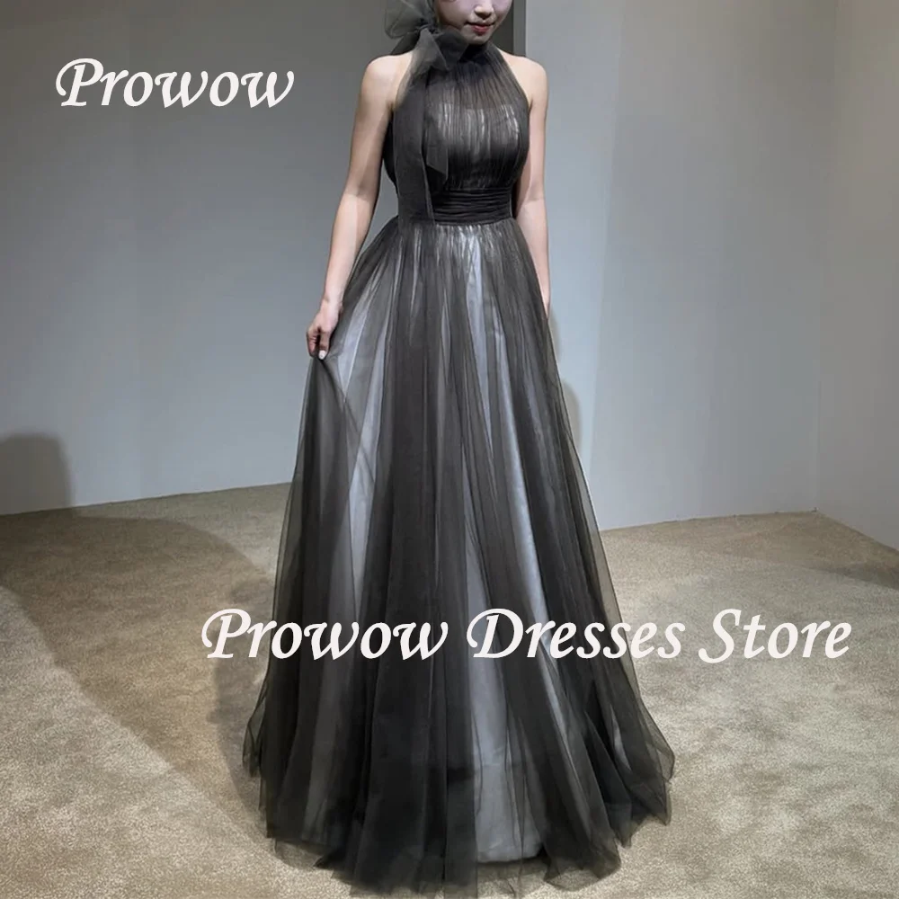 

Prowow Simple Halter Dark Grey Prom Dress Korea Photo Shoot Sleeveless A Line Wedding Party Gown Floor Length Vintage Customized