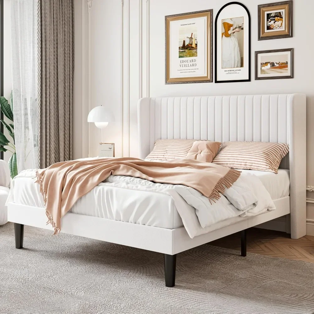 

Velvet Bed Frame with Vertical Channel Tufted Wingback Headboard, Upholstered Platform Bed with Wood Slats