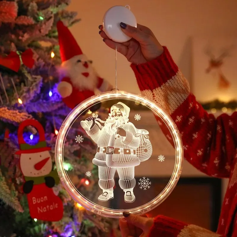 Acrylic Round Santa Snowflake LED Hanging Lights Battery Powered Indoor Xmas Tree Shop Window Holiday Ambient Lighting
