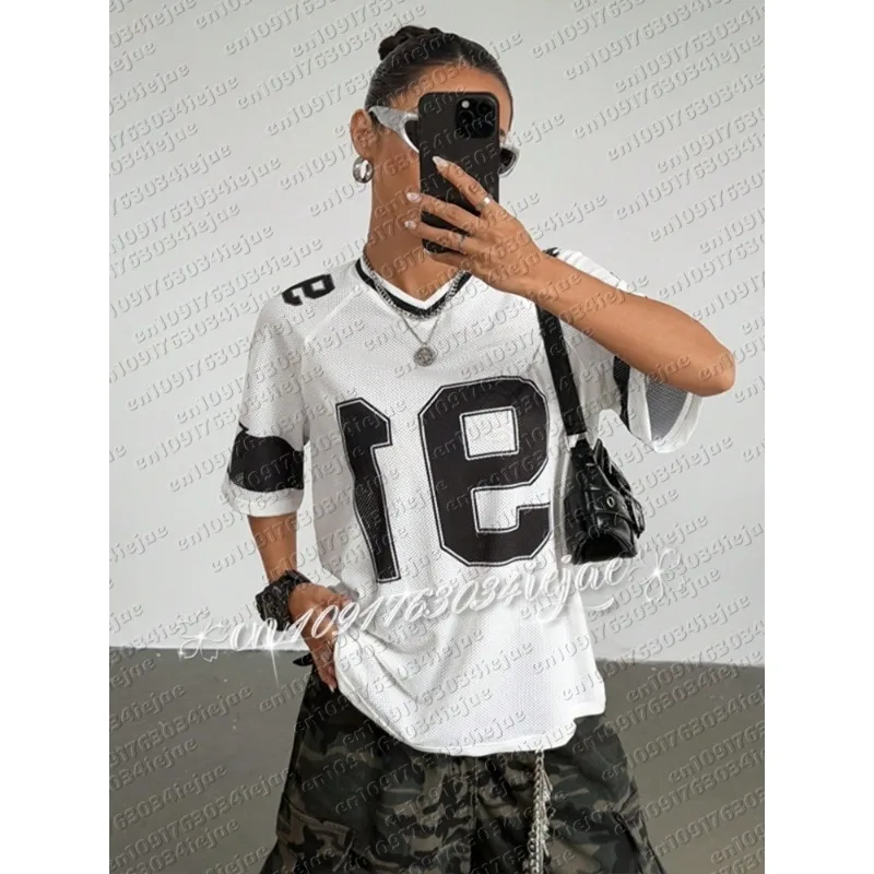 Summer New Black Speed 91 Print T-Shirt for Women Kid V-Neck Patchwork Short Sleeve Sports Football Jersey Loose Oversized Tops