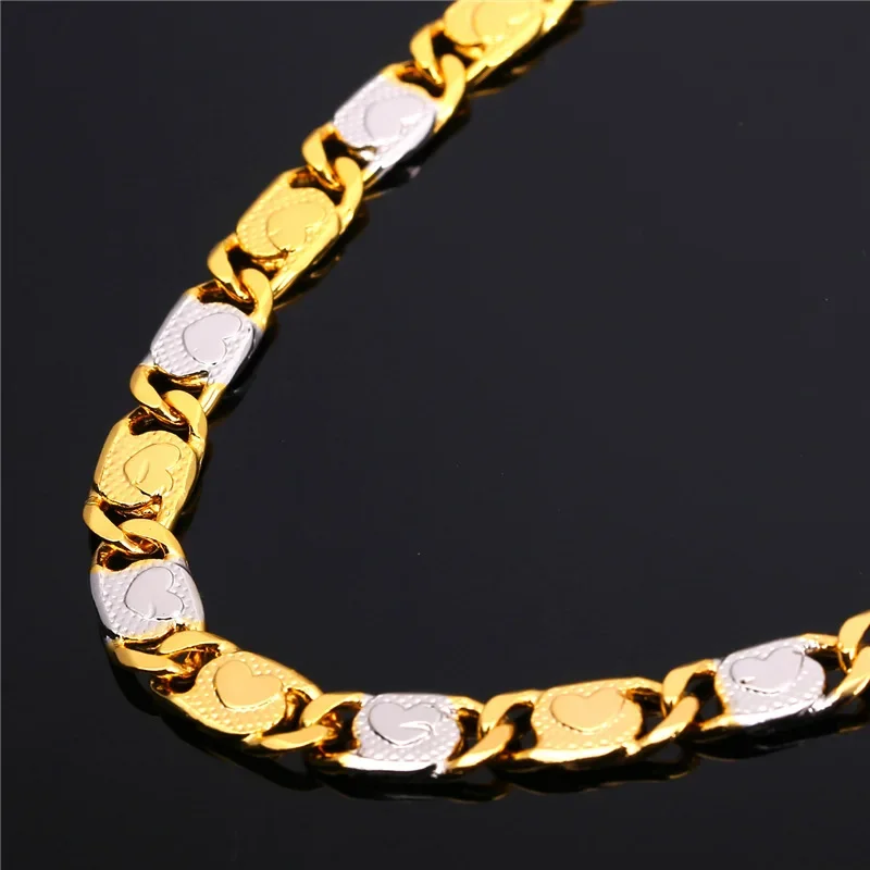 U7 Two Tone 14K Gold Color Silver Plated Heart Charm Flat Link Chain Necklace 22/26inches Retro Vintage Style Jewelry QC24