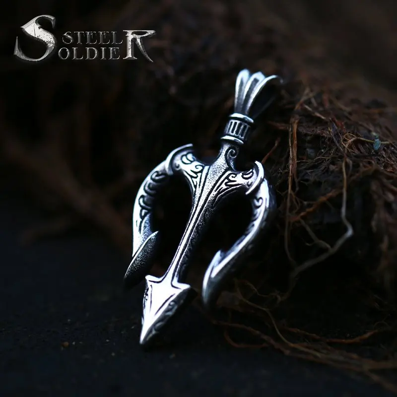 Steel soldier stainless steel jewelry weapon pendant of the Nordic mythological sea god Poseidon personality necklace pendant