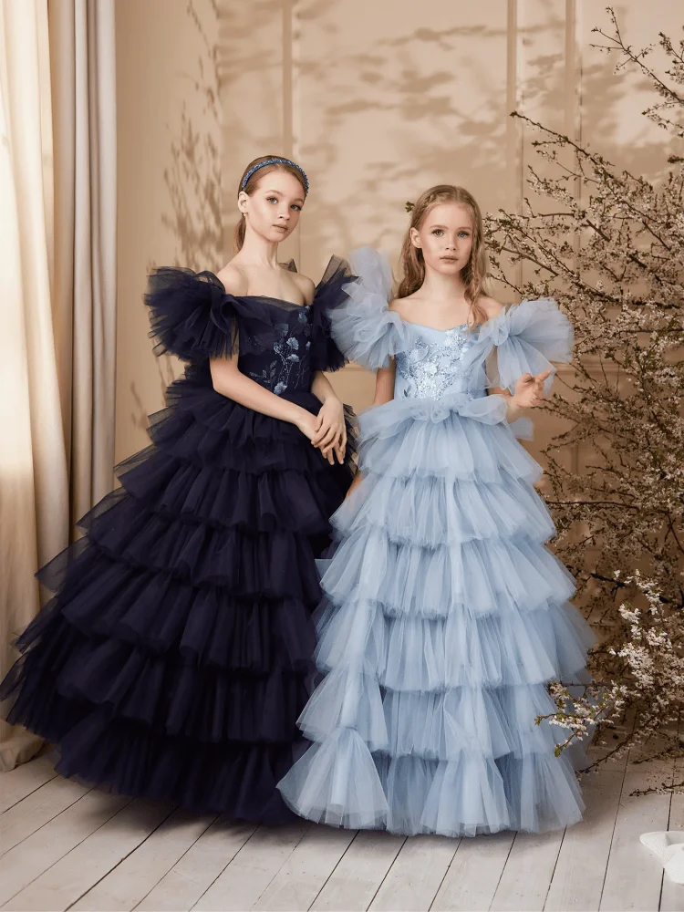 Custom Flower Girl Dresses Off Shoulder Oversized Puffy Tulle Collar Hand Stitched Floral Sequin Bodice Multi-Layer Air Tulle