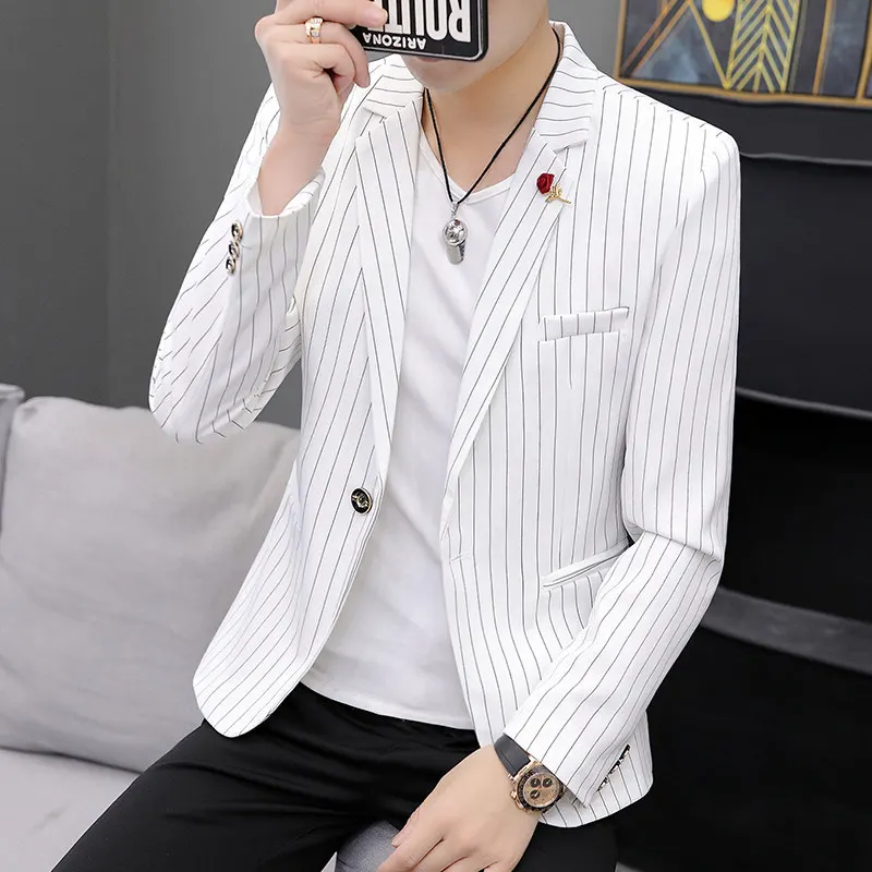 

Мужской костюм Slim Fit в полоску, модный корейский дизайн, весенне-осенняя верхняя одежда, повседневная модель с длинными рукавами
