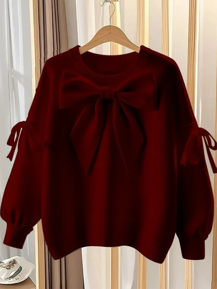 2025 Autumn Winter New Chic Pullover Knitwear Women's Outer Wear Korean Loose Lantern Lazy Bow Red Base Sweater Tops