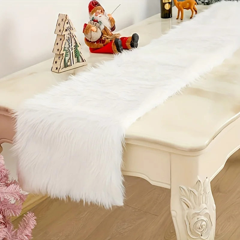 VIKAMA White Shaggy Faux Fur Table Runner Soft Plush Table Scarf for Christmas Banquet Dining Table Holiday Home Table Decor