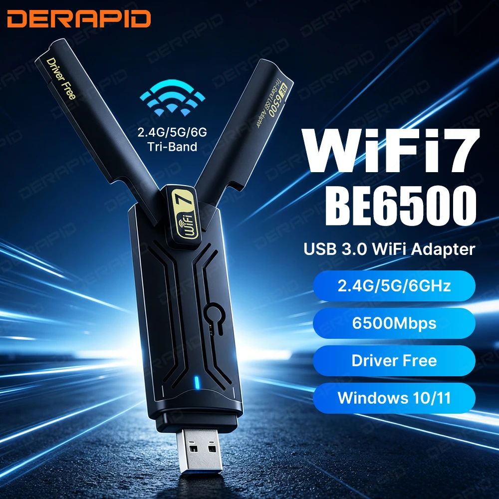 

BE6500 USB 3.0 WiFi 7 Adapter Tri Band 2.4G 5G 6GHz 6500Mbps HighGain 802.11be Network Card Plug Play for Win10 11 PC