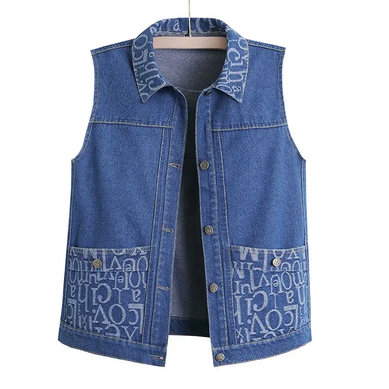 

Large Size Jacquard Spliced Sleeveless New Denim Vest For Women Spring And Autumn Loose Pocket Versatile Vest Jacket