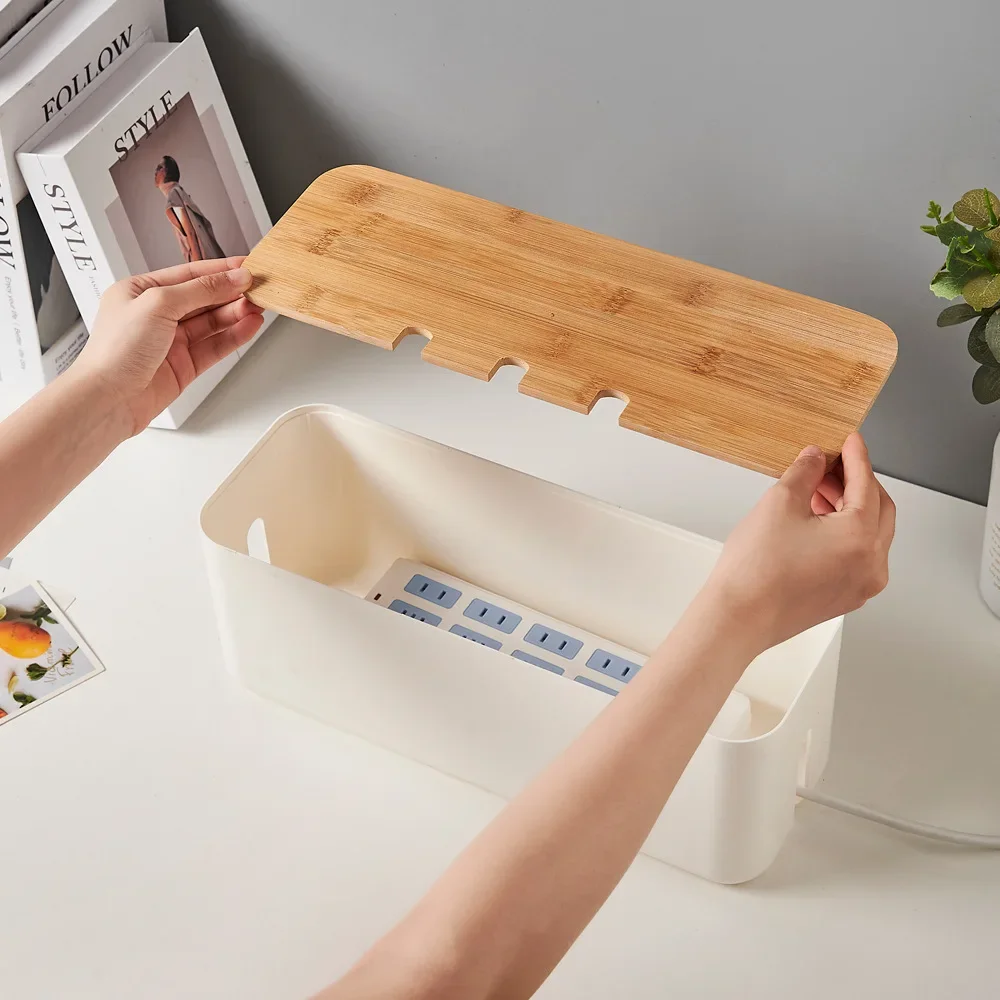 For Hide Wires Power Strips Desk Cable Computer Organizer Box Cable Management Box Bamboo Cover Wire Junction Board Storage Box