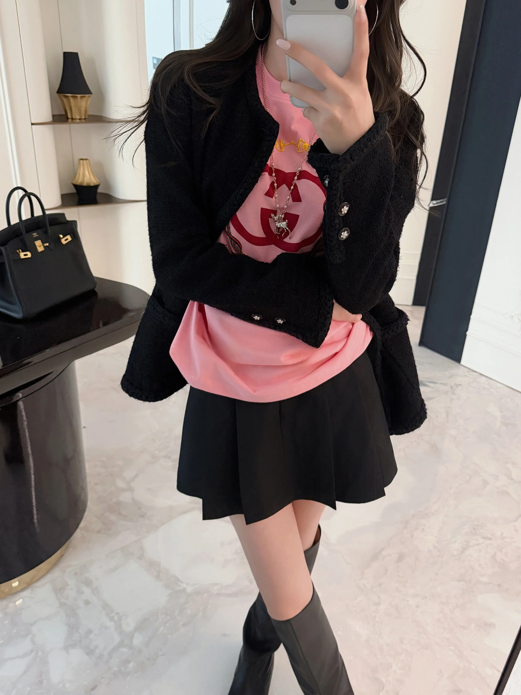 

Rubbit Chic Early Spring New Arrival Classic Small Fraance Jaet Heavy Weave Casual Top for Women Straight Cut Long Sve