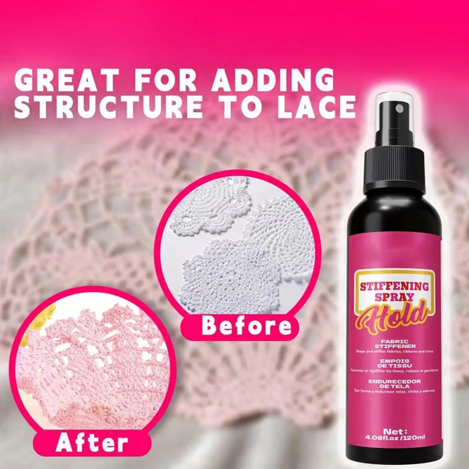 120ml Quick Drying Fabric Stiffening Spray, Long Lasting Multifunctional Hardener, Shaping & Firming Agent for Crochet & Lace