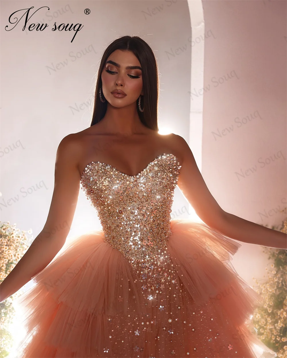 Princesa rosa vestido de baile linha A feminino, lantejoulas elegantes, vestidos de noite frisados, vestidos de casamento árabe e Dubai, 2022