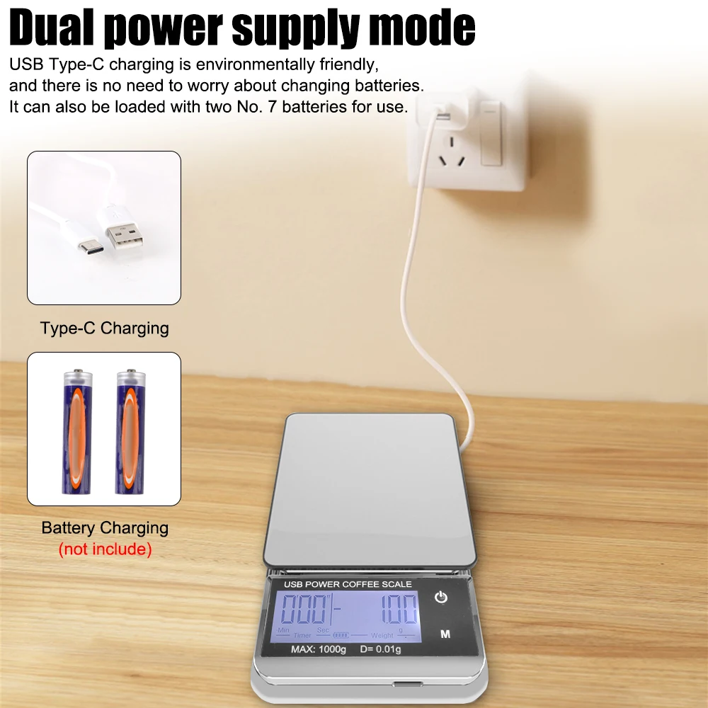 Mini Pocket Scale Electronic Scale High Precision Cyclic Rechargeable Digital Kitchen Coffee Scale 1000g/0.01g Auto Timer