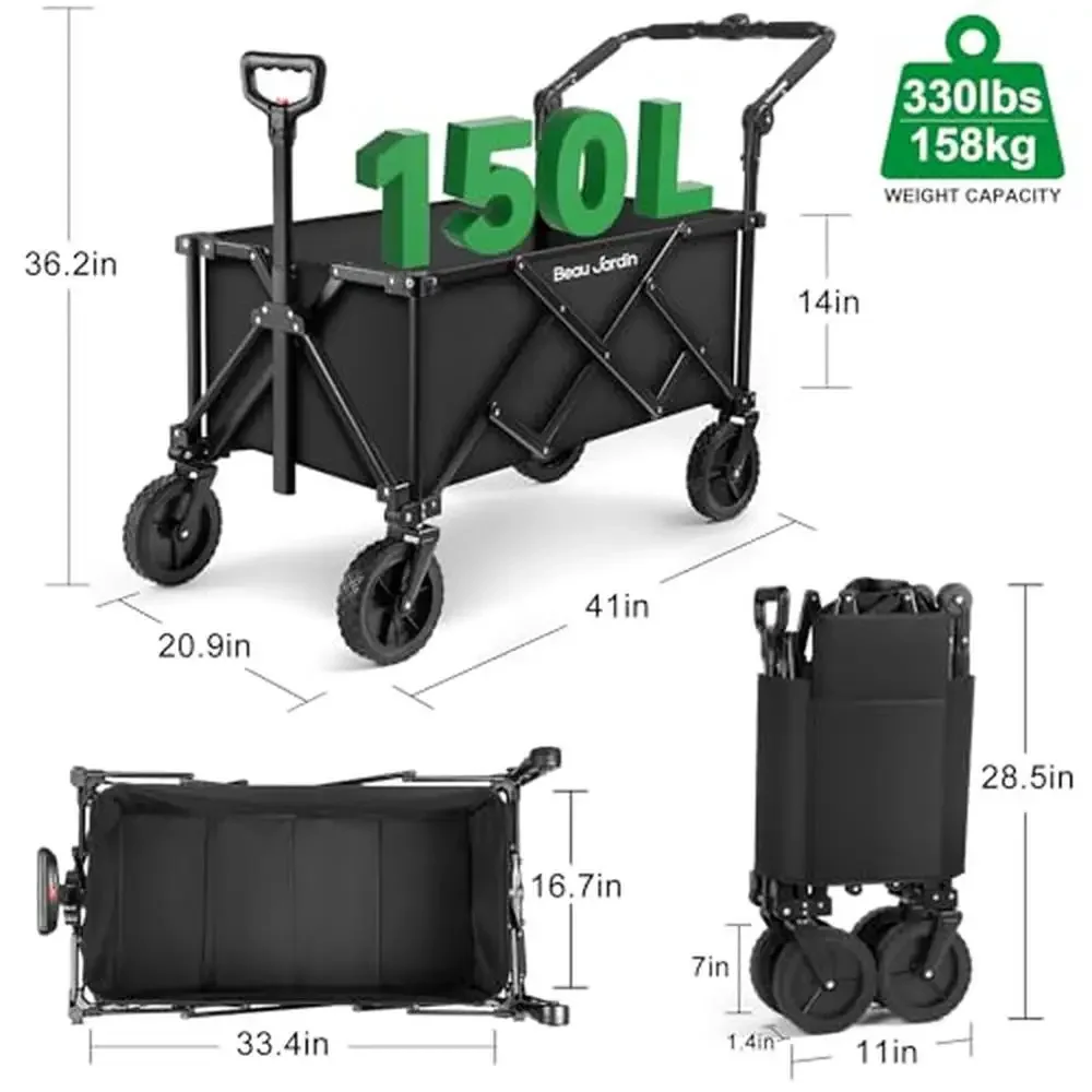 Collapsible Folding Wagon Cart 150L 360° Rotating Wheels 330lbs All Terrain Utility Garden Heavy Duty Pull Push Cart Portable