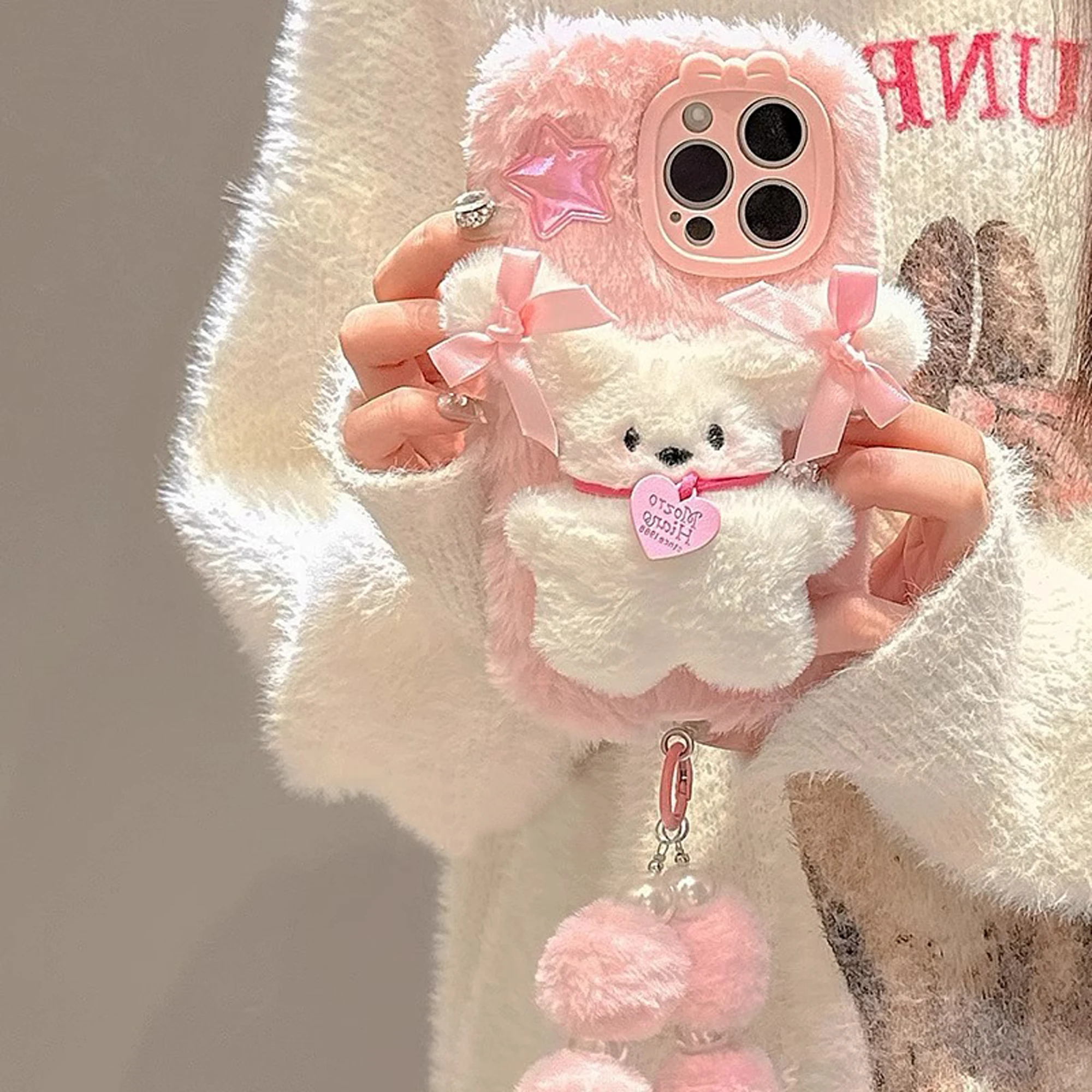 Pink Plush 3D Doll Case with Chain Cute Cell Phone Accessories For iPhone 16 15 14 13 12 11 Pro Max