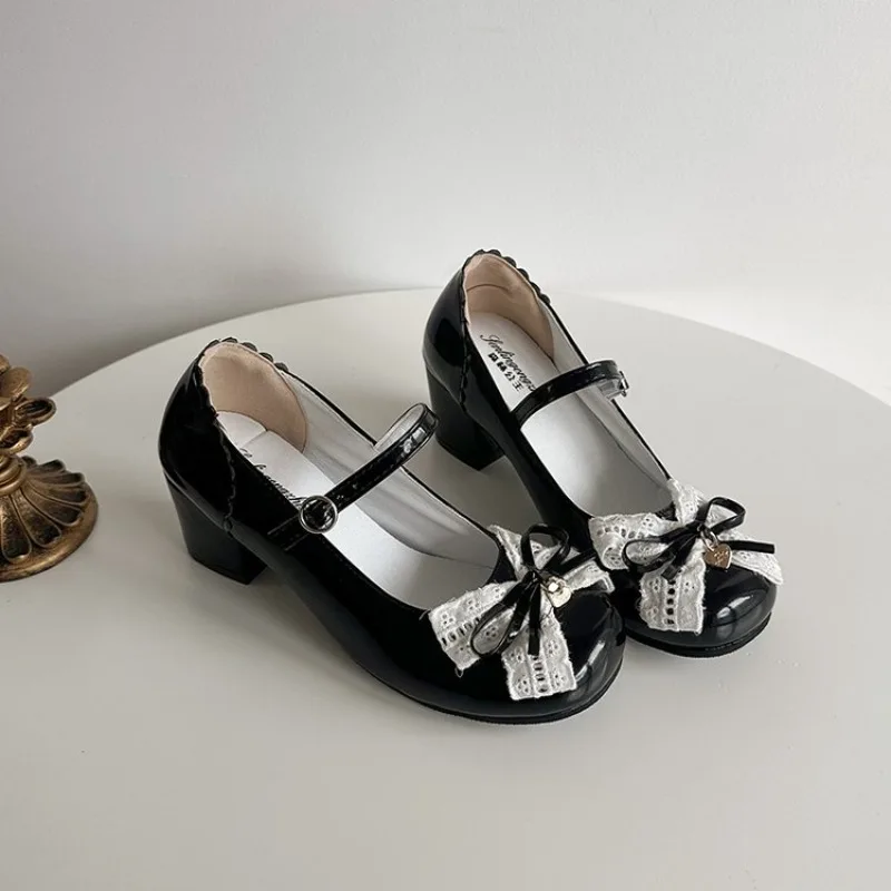 Sweet Lolita Butterfly-knot Women Mary Jane Shoes Concise Mid Heel Patent Leather Dress Shoes Cosplay Party Daily Wear Pumps view 5