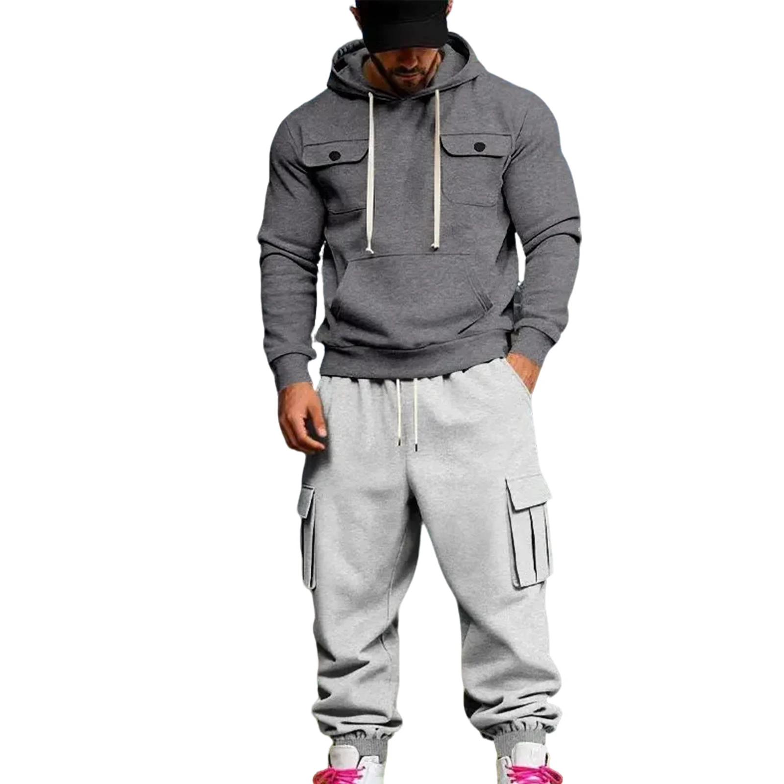 الرجال عارضة فضفاض زائد المخملية ملابس العمل في الهواء الطلق مقنعين البلوز و Sweatpants دعوى الرجال الخريف والشتاء الدافئة طباعة فضفاضة #3