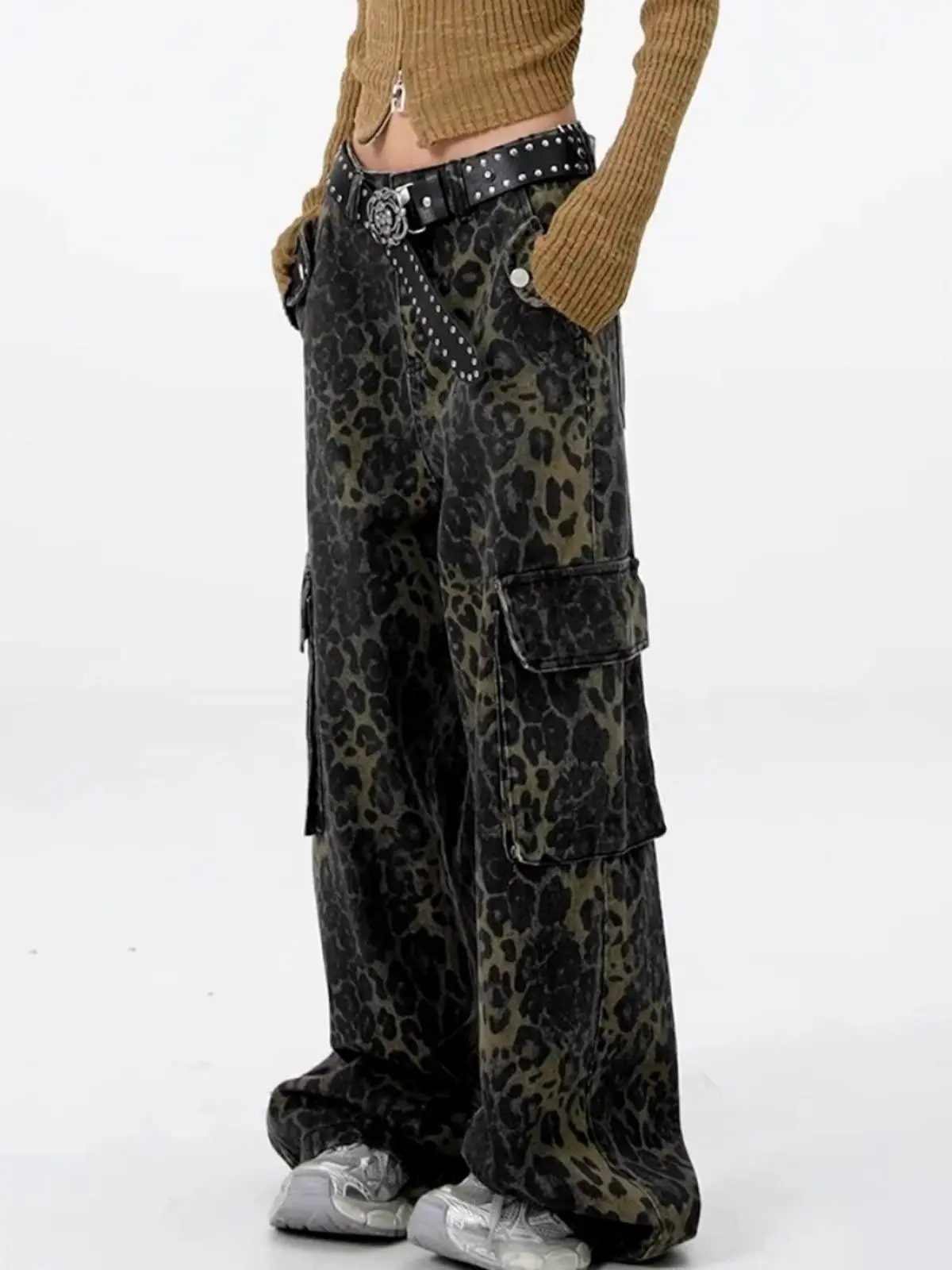 Y2K Women Denim Work Pants High Waist Wide Leg Leopard Print Large Pocket Trousers Retro Vintage Fashion Casual Streetwear