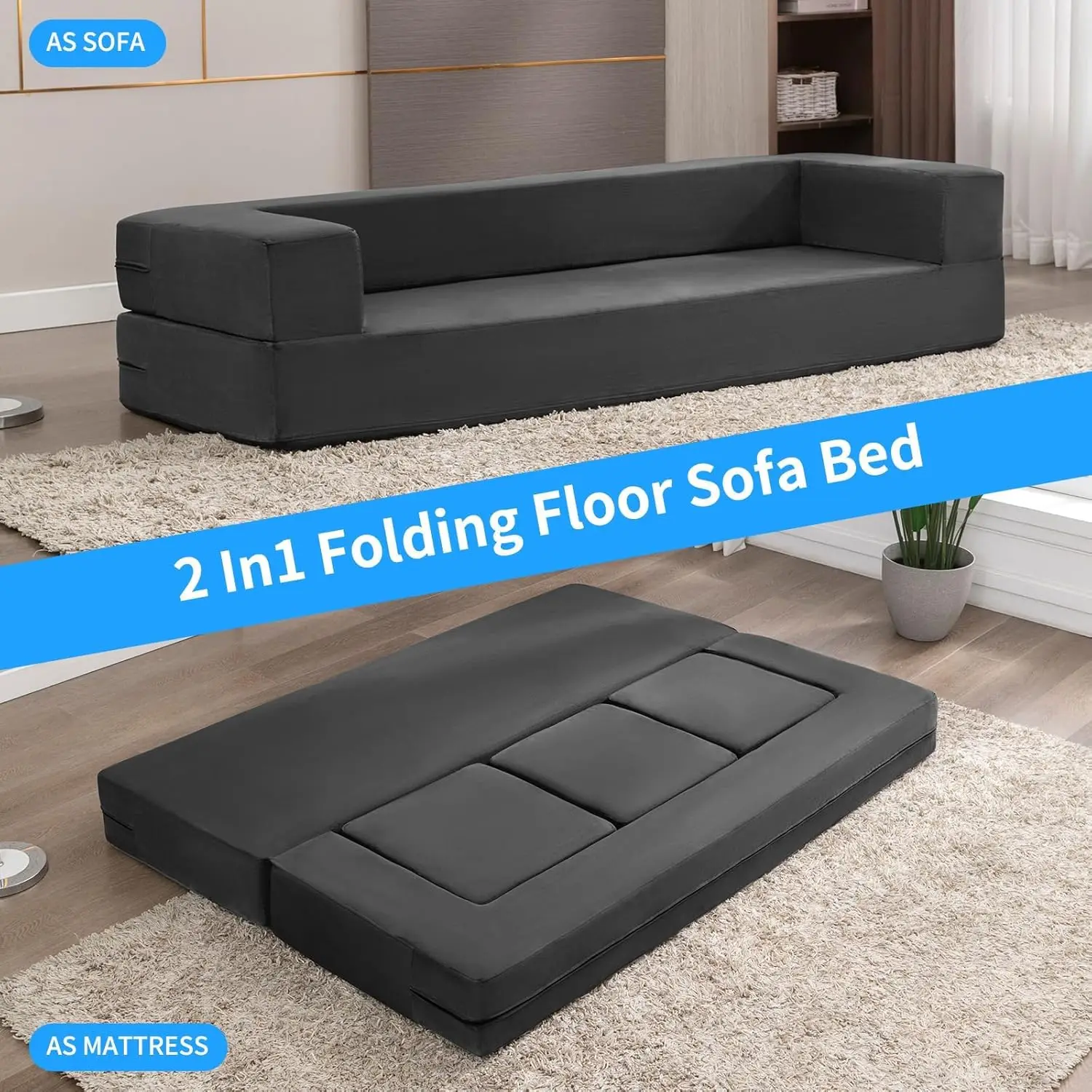 Folding Sofa Bed, Velvet Convertible Floor Sleeper Sofa with 3 Ottomans, Upholstered 2-in-1 Fold Out Couch Bed