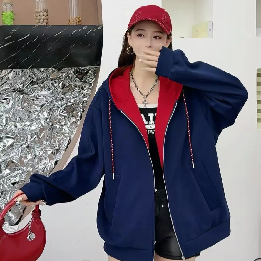 

Новый весенне-осенний кардиган с капюшоном, толстовка на молнии, свободная контрастная модная куртка ленивых цветов