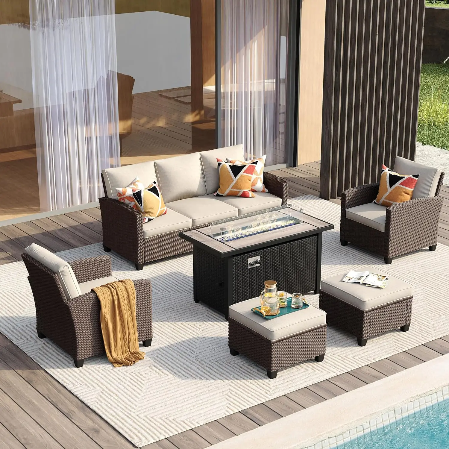 Outdoor Furniture Set, Rattan ConversationSets with Marble Fire Pit Table, Sofa Couch, Single Chairs & Outdoor for Porch Garden