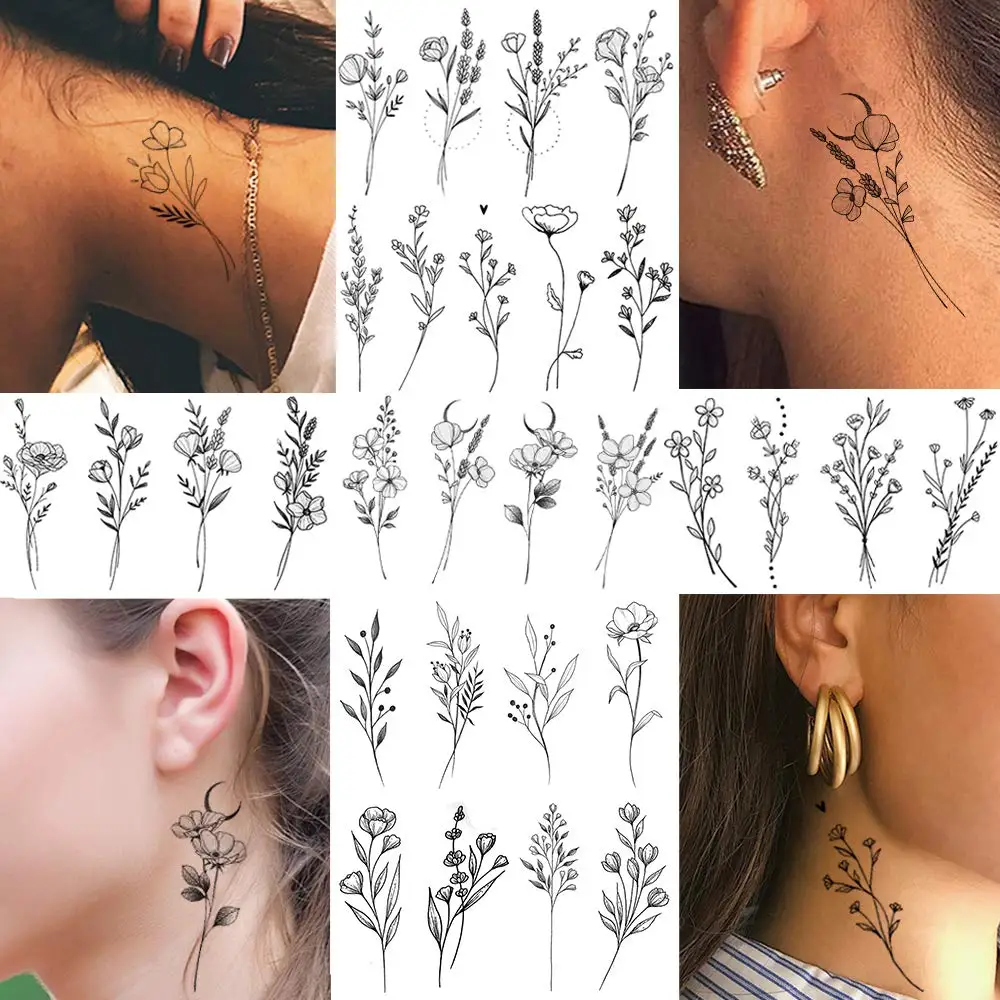 15 Sheets Black Tiny Lavender Branch Temporary Tattoos For Women Girl, Small Flowers Bouquet Fake Tattoo Stickers Adults Hands