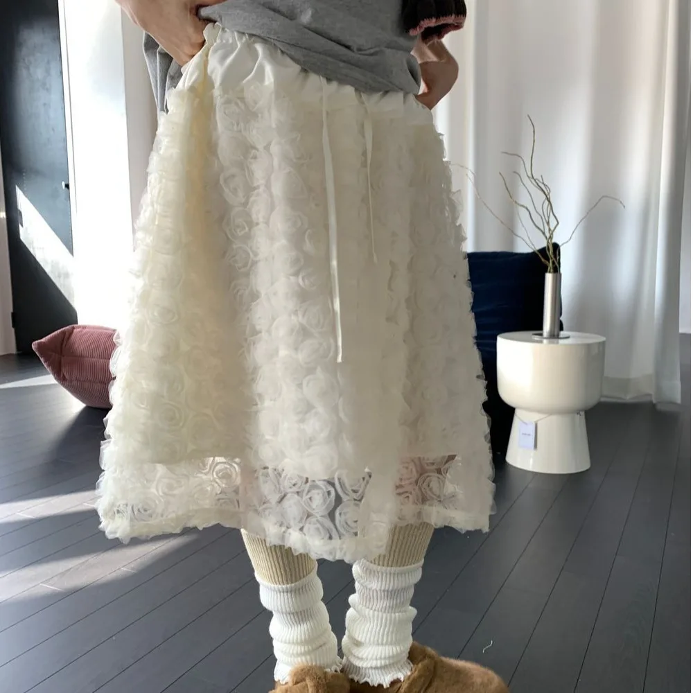 Korean Style A-Line  Skirt Women's Embroidered Floral Lace Half-length Skirt Standard Fit Commute Style Mid-Waist