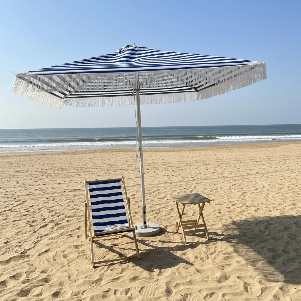 

Beach Umbrella Anti-UV Waterproof with Base Waterproof Striped Patio Umbrella Blue White Boho Beach Tassels Outdoor Umbrella