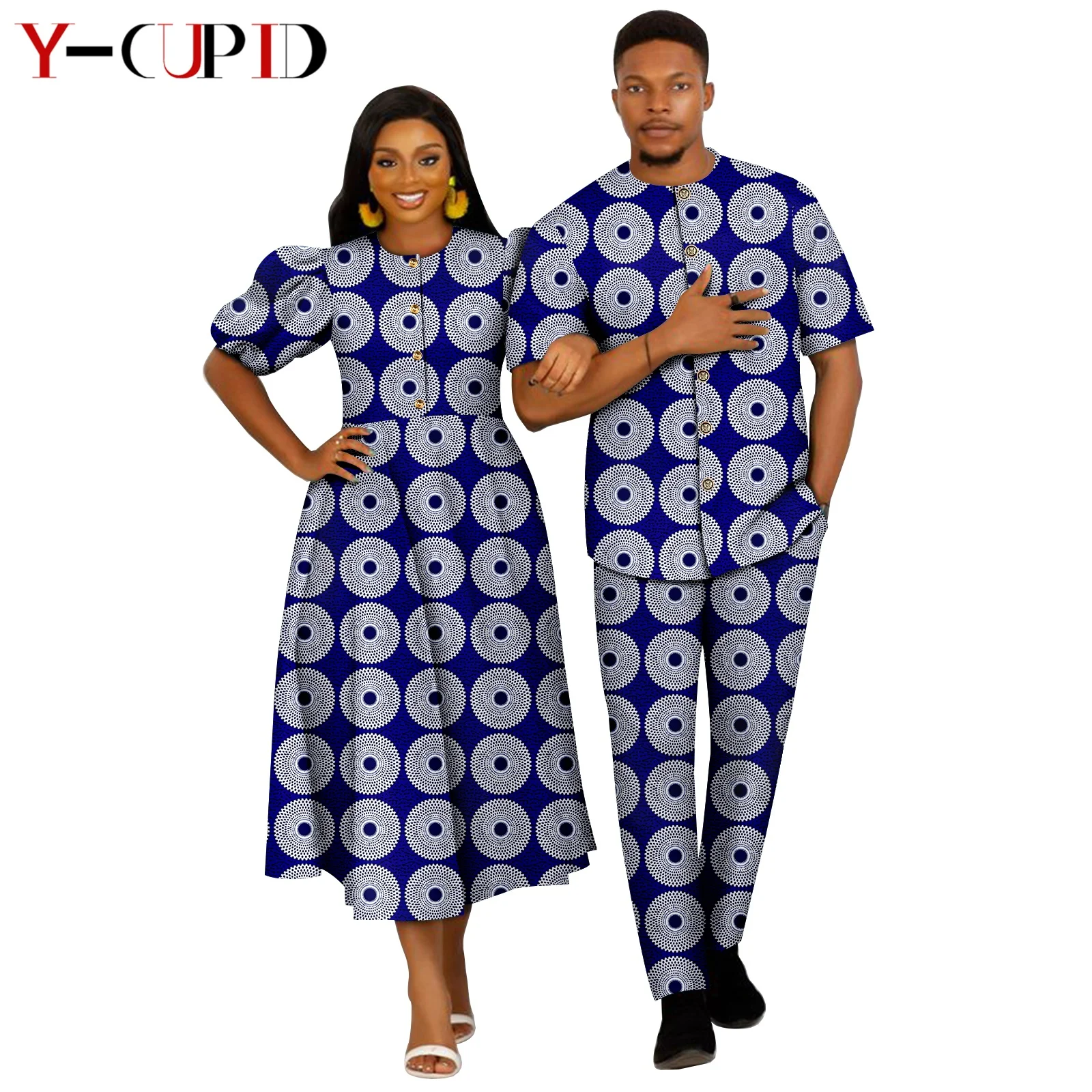 African Print Dresses for Women Matching Couples Clothes Dashiki Men Outfit Bazin Riche Top Shirt and Pant Sets 24C074