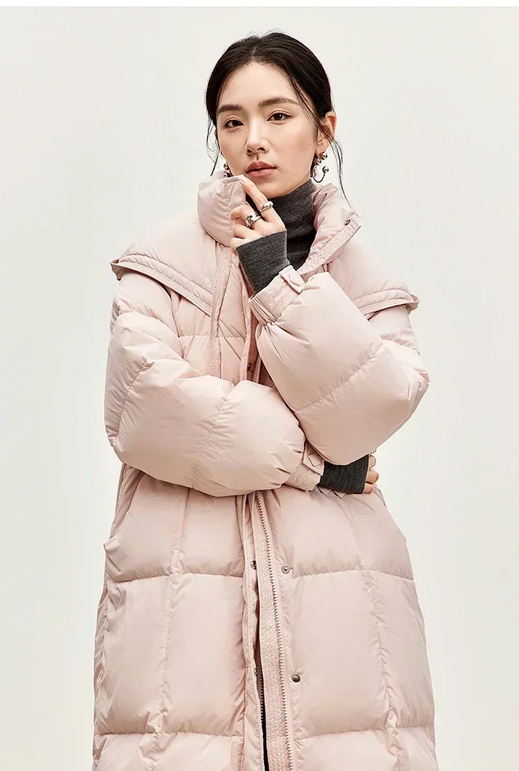 SENTUBILA Hooded Stand Neck Down Coat Women 2024 Winter 90% White Duck Down Zipper Spliced Warm Solid Overwear W44Y56062