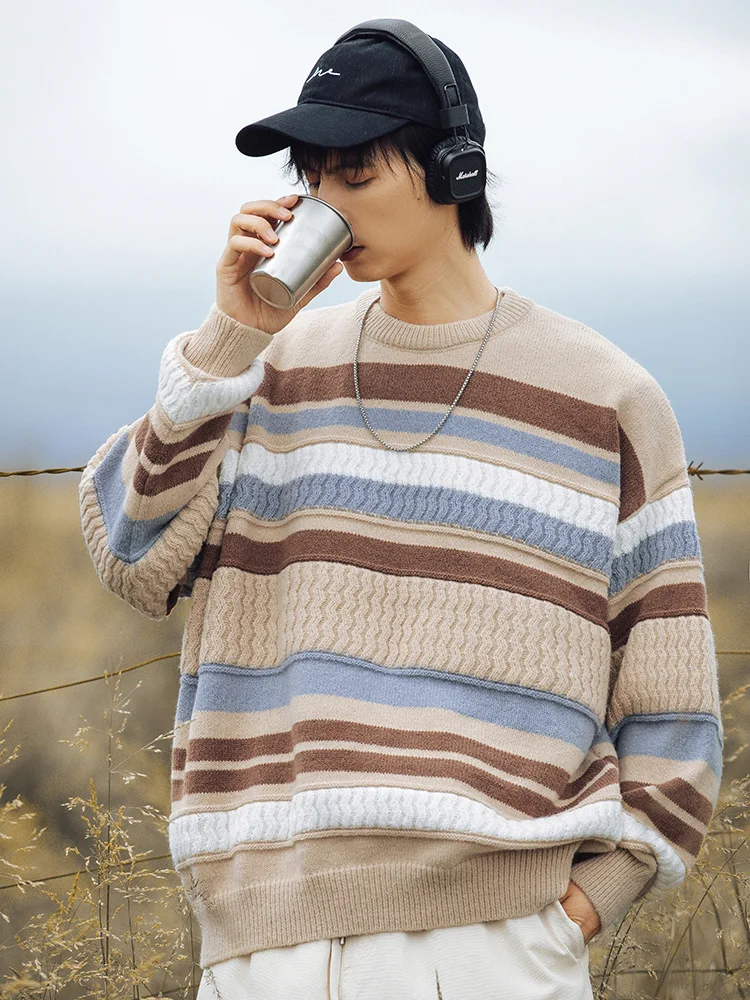 2025 Autumn Winter Men's Crew Neck Striped Off-White Color Block Sweater Casual Loose Warm Khaki Black Knitwear