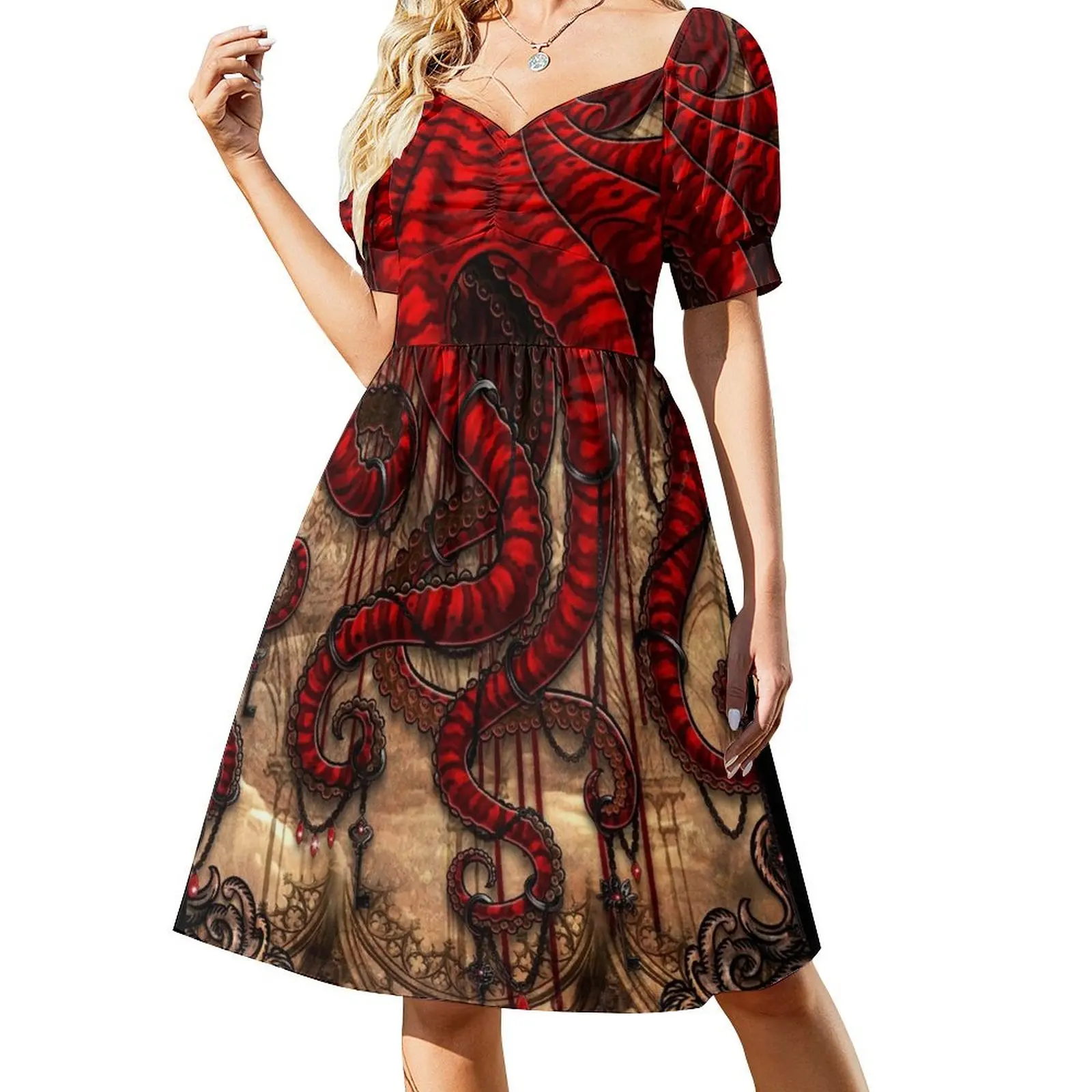 

Goth Horror Octopus - Beige Short-Sleeved Dress cute dress beach dress women's dresses luxury sexy for women