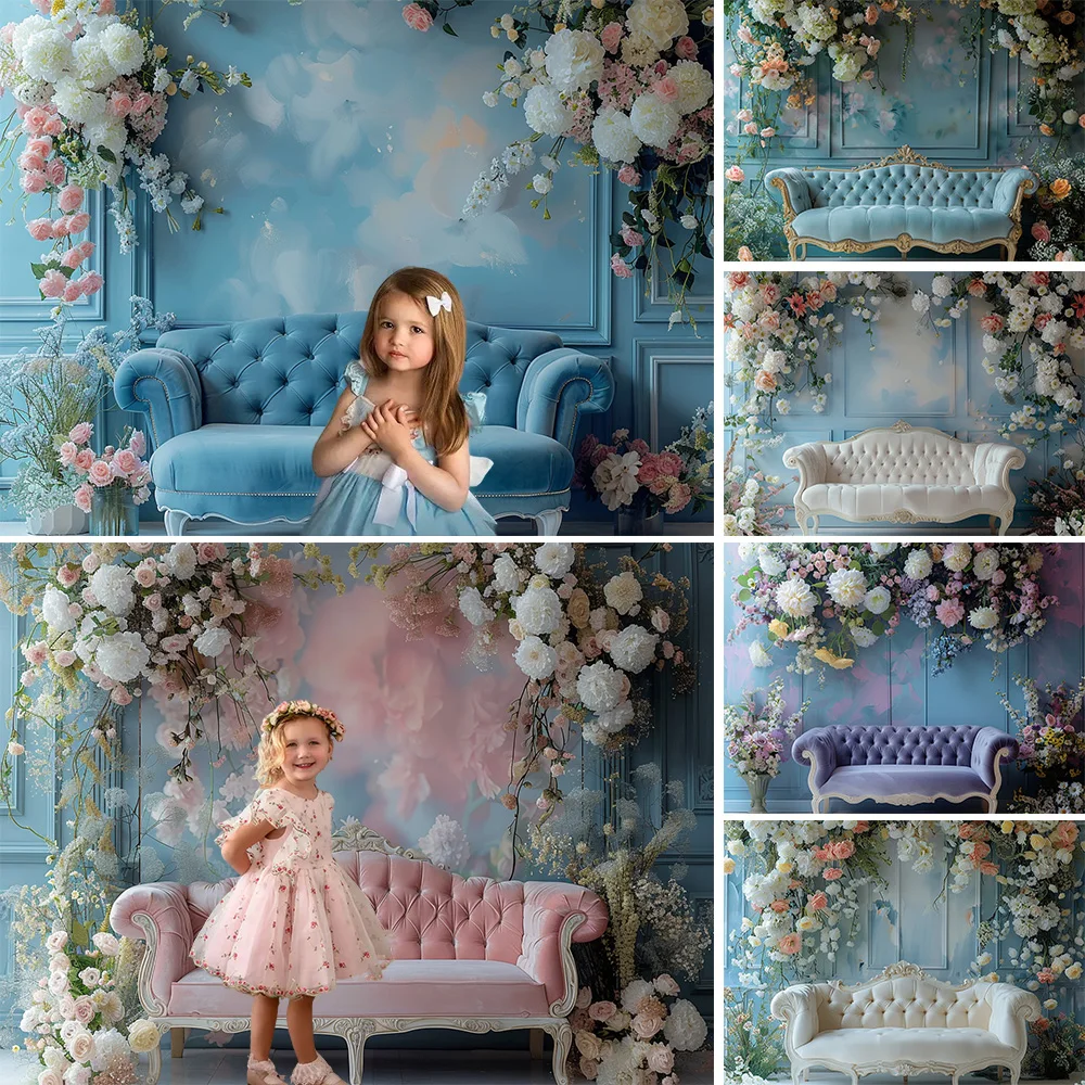 Photography Background for Girls Birthday Wedding Party Blue Flower Room Sofa Decor Photobooth Bridal Show Studio Photoshoot