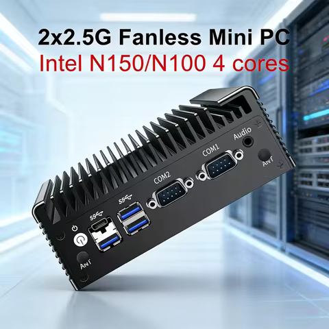 Topton Fanless Mini PC Intel N150 N100 2x2.5G Nics 2*COM, NVMe, DDR4 2*HD 1*DP Type-C Solid Firewall PC Industrial Mini Computer