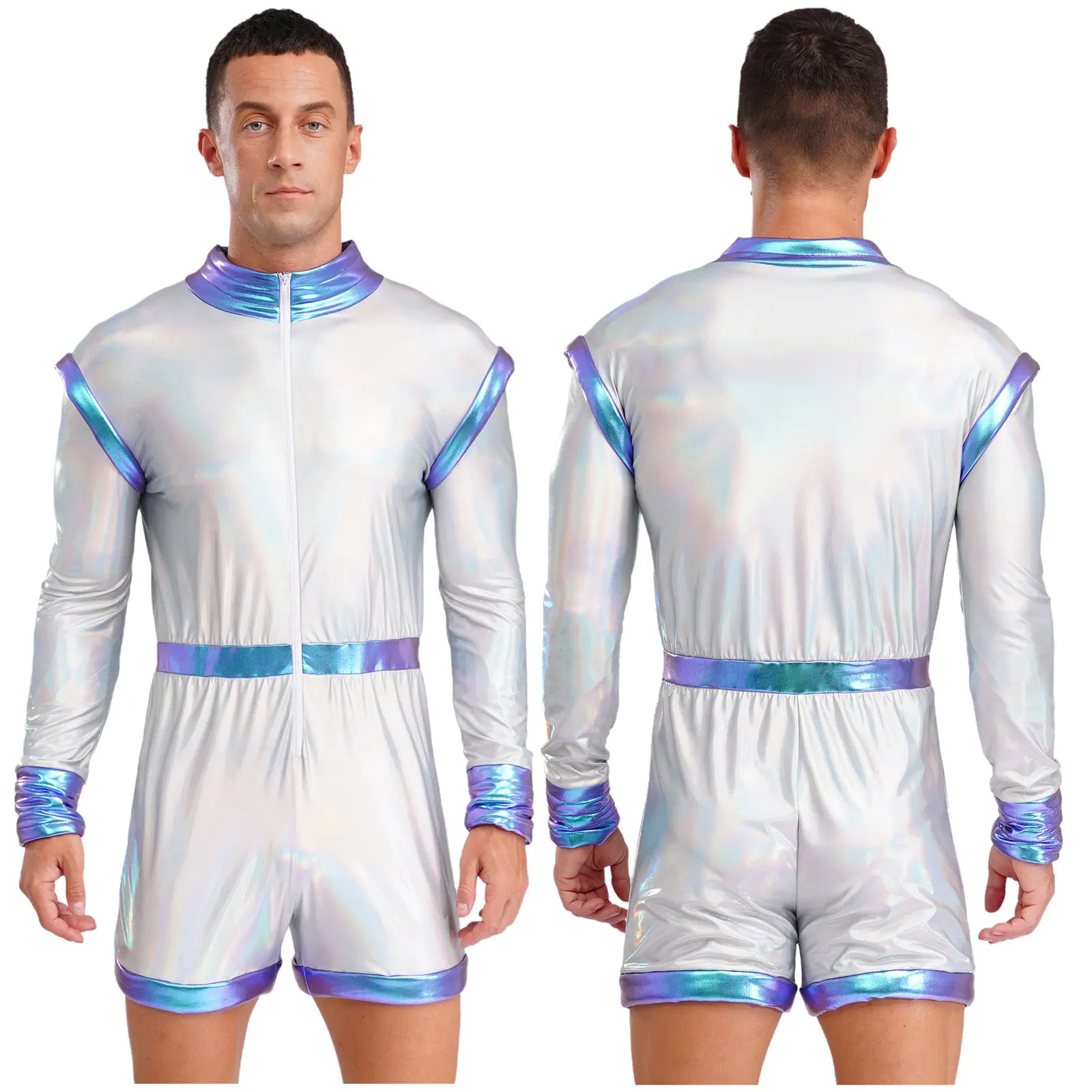 Men Long Sleeve Metallic Shiny Sponge Edge Bodysuit Carnival Clubwear Halloween Space Alien Robot Galaxy Warrior Cosplay Costume